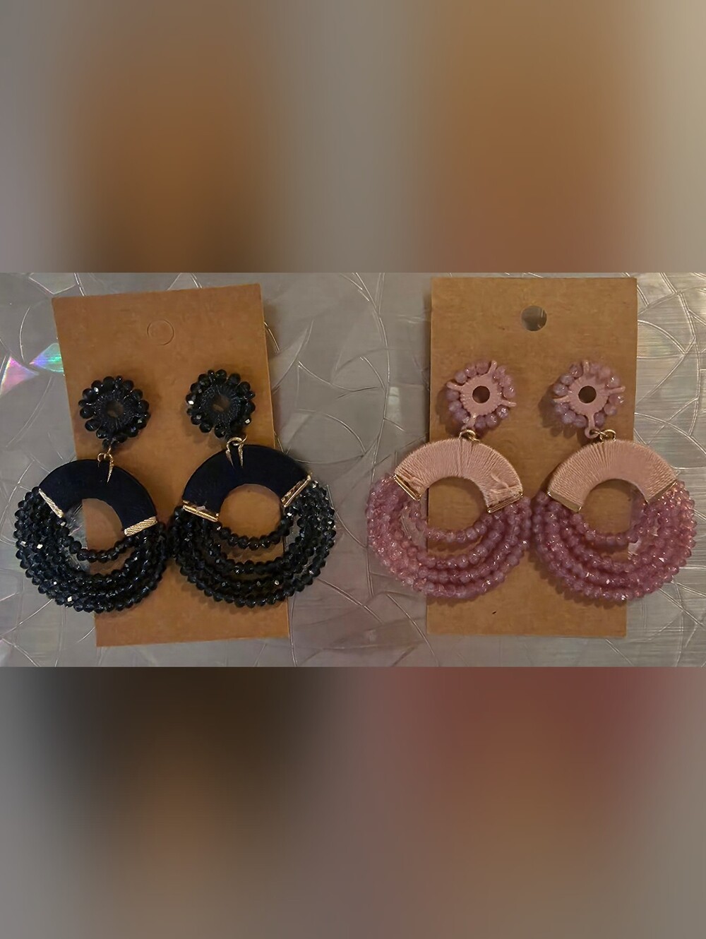 Set Of 2 Handcrafted Beaded Earrings Dark Blue And Pink